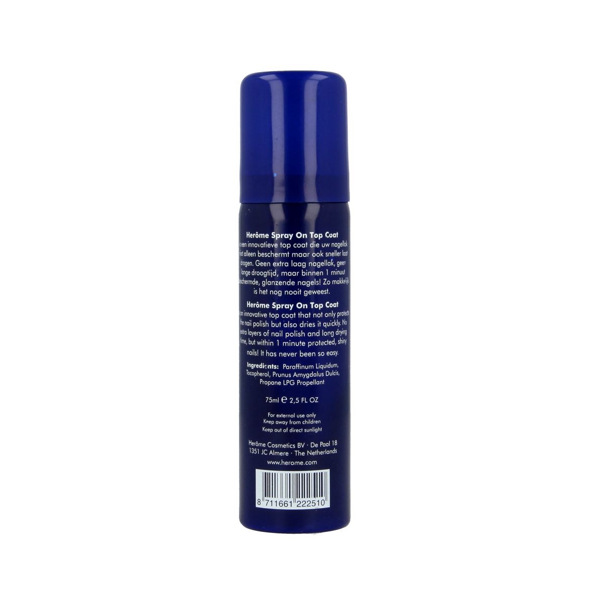 Herome spray-on topcoat bottle, 75ml, a clear make-up finishing spray for a glossy, long-lasting look.
