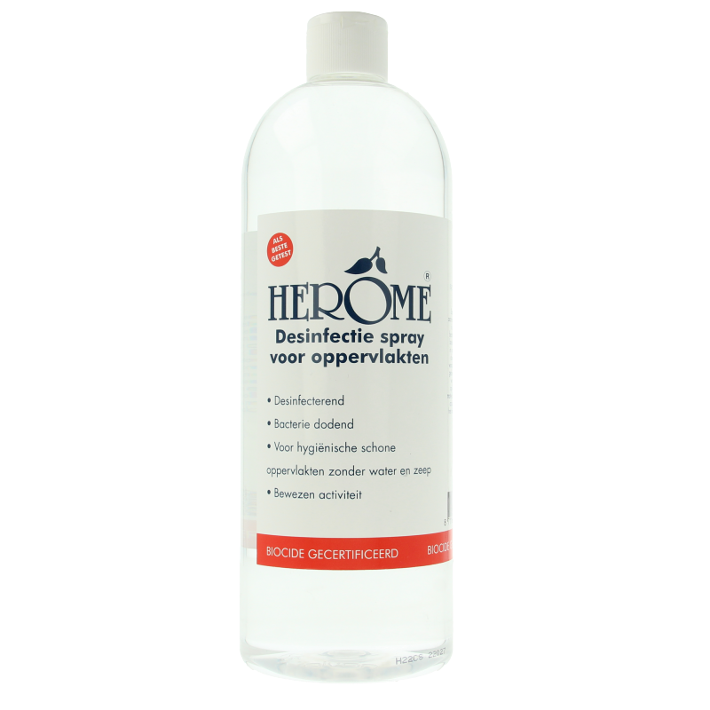 Herome Handverzorging disinfectant refill with cap, 1 liter bottle, suitable for hand cleaning and sanitizing.