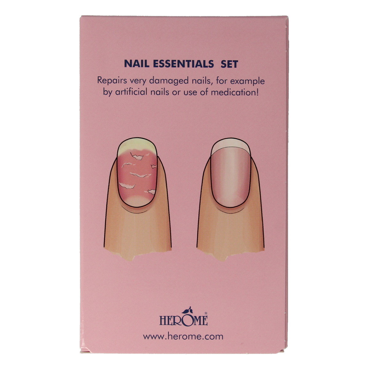 Herome Essentials hand care set for severely damaged nails, includes nail repair and nourishing products in a compact package.