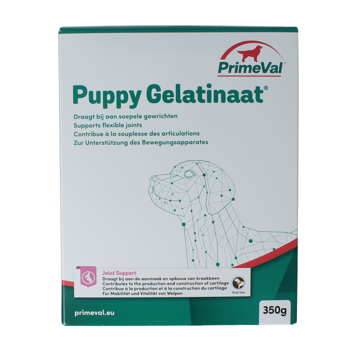 Primeval Gelatinaat puppy dietary supplement in 350g jar, showing the product packaging with label and branding for dog health.