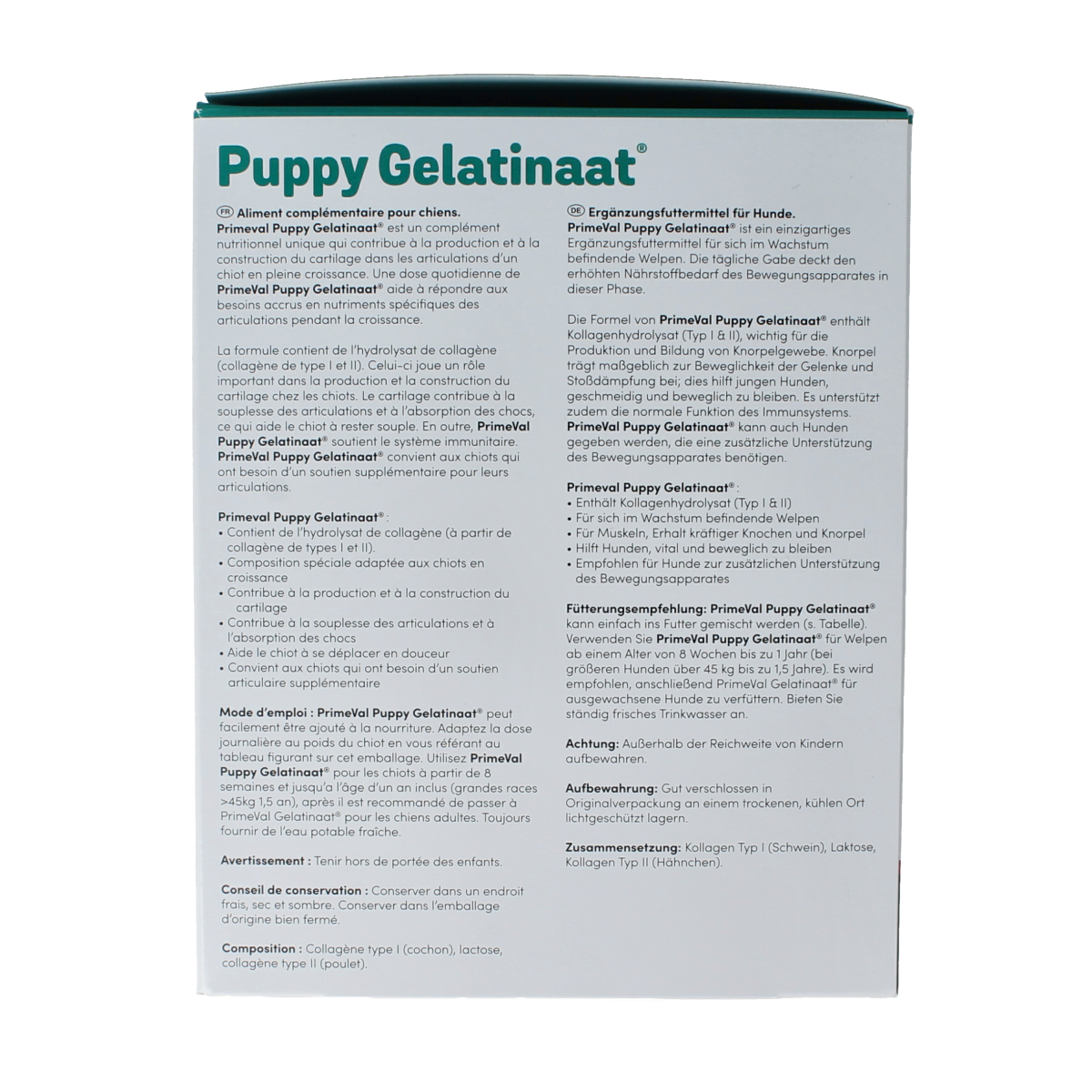 Primeval Gelatinaat puppy dietary supplement in 350g container, showing the product packaging with brand name Primeval.