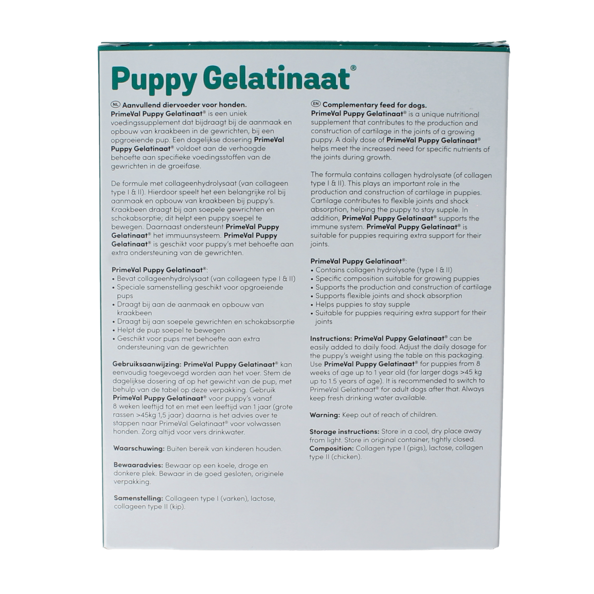 Primeval Gelatinaat puppy dietary supplement in a 350g container, natural pet nutrition for healthy puppy development.