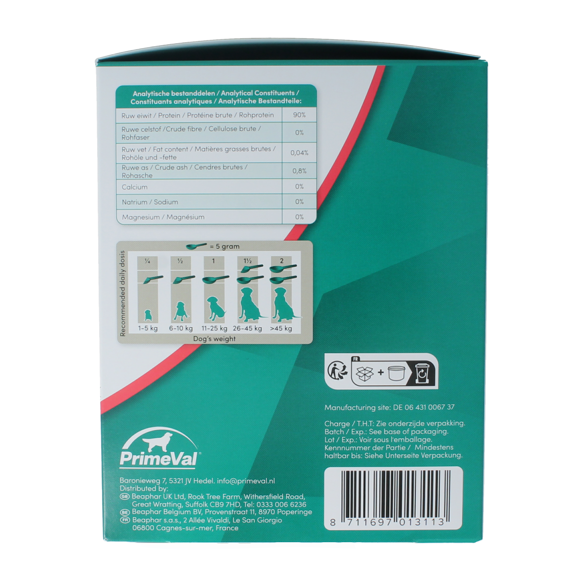 Primeval Gelatinaat puppy dietary supplement in 350g container, showing the product packaging with label details.