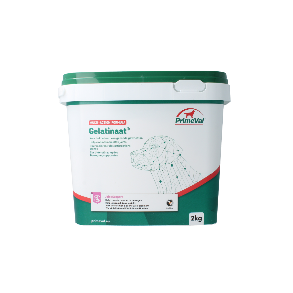 Primeval Gelatinaat hond voedingssupplement in 2kg bag, natural gelatin supplement for dog health and joint support.