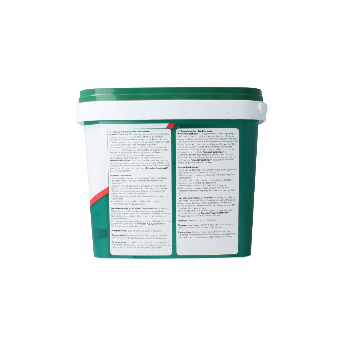 Primeval Gelatinaat hond voedingssupplement in 2kg container, natural gelatin supplement for dogs, Primeval brand.