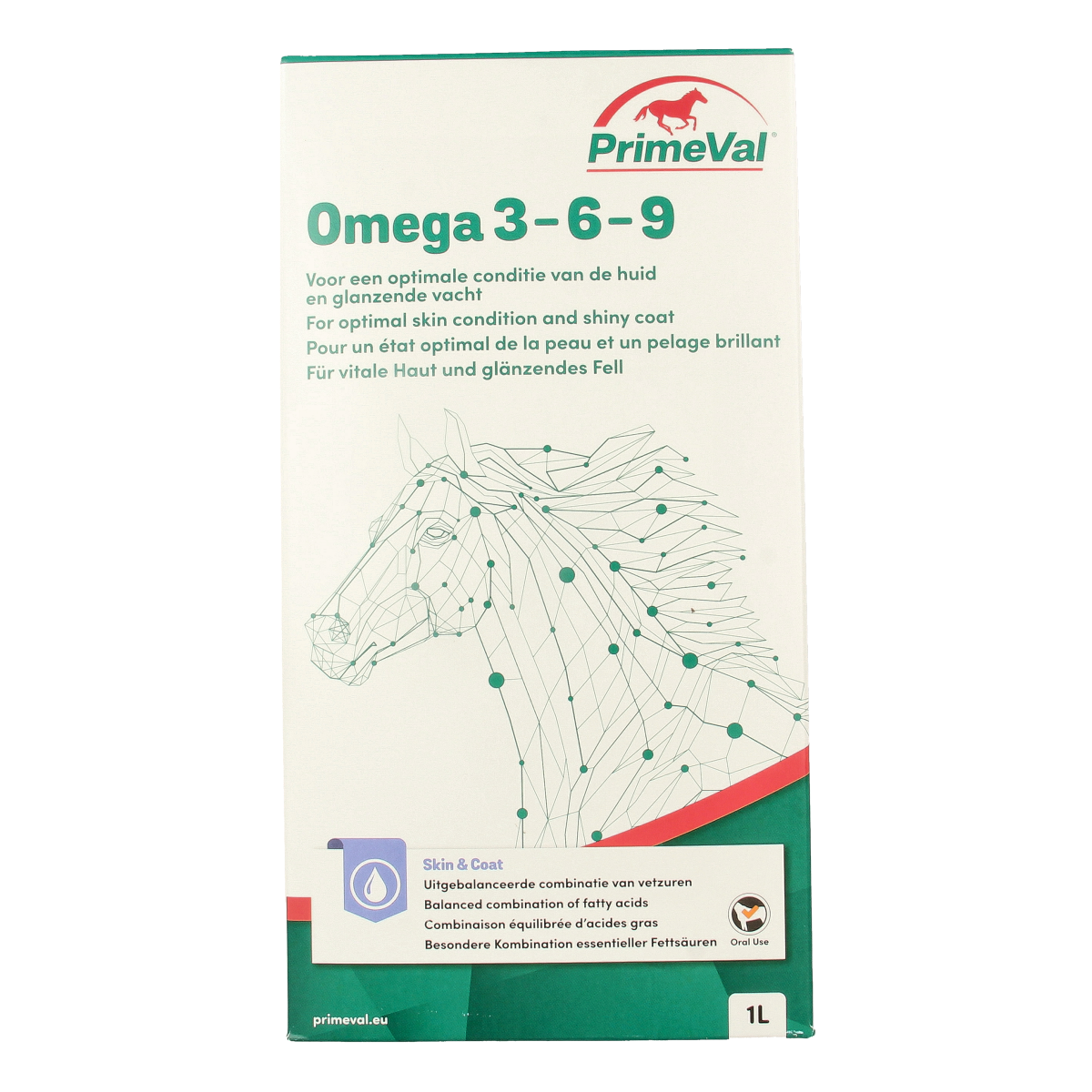Primeval Omega 3-6-9 horse supplement in 1-liter bottle, nourishing dietary supplement for equine health and wellness.