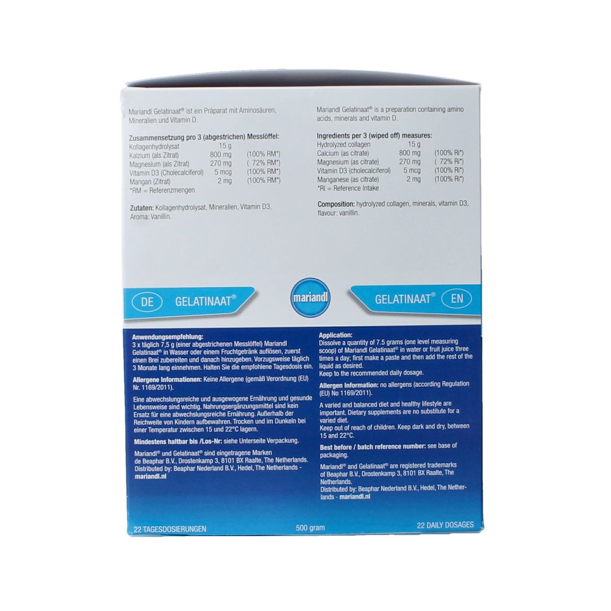 Mariandl Classic mineral supplement gelatinaat in 500g container, natural multi-mineral supplement with gelatinaat texture.