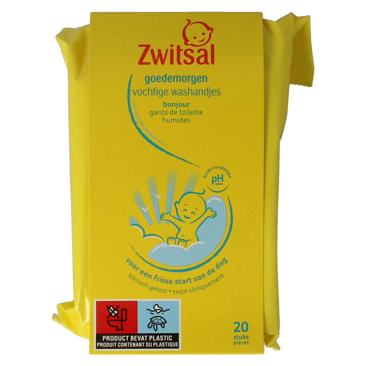 Baby and toddler Zwitsal Goedemorgen moist washcloths, 20-pack, soft and gentle for delicate skin in a colorful pack.