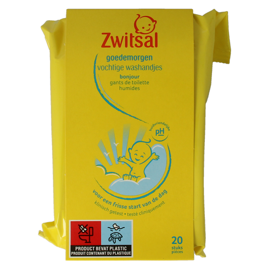 Baby and toddler Zwitsal Goedemorgen moist washcloths, 20-pack, soft and gentle for delicate skin in a colorful pack.