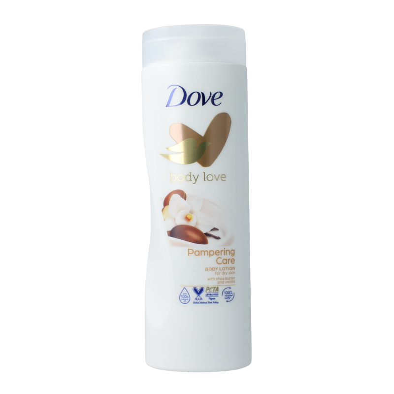 Dove Shea Butter Body Lotion 400ml bottle, creamy moisturizer for smooth, nourished skin, shown with label and product packaging.