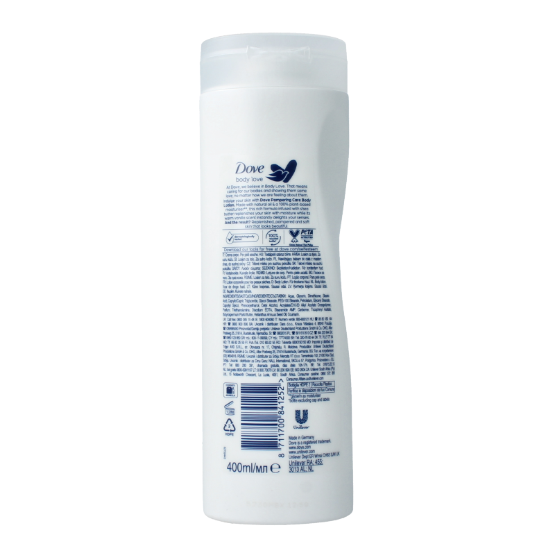Dove shea butter body lotion bottle, 400ml, with smooth cream texture and pump dispenser for moisturizing body care.