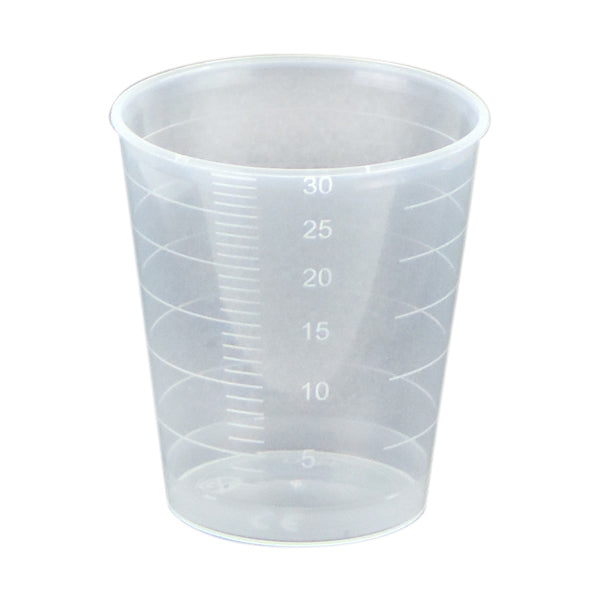 Blockline PP 25/30ml maatbekers for Wonen en Comfort, clear plastic measuring cups displayed in the image.