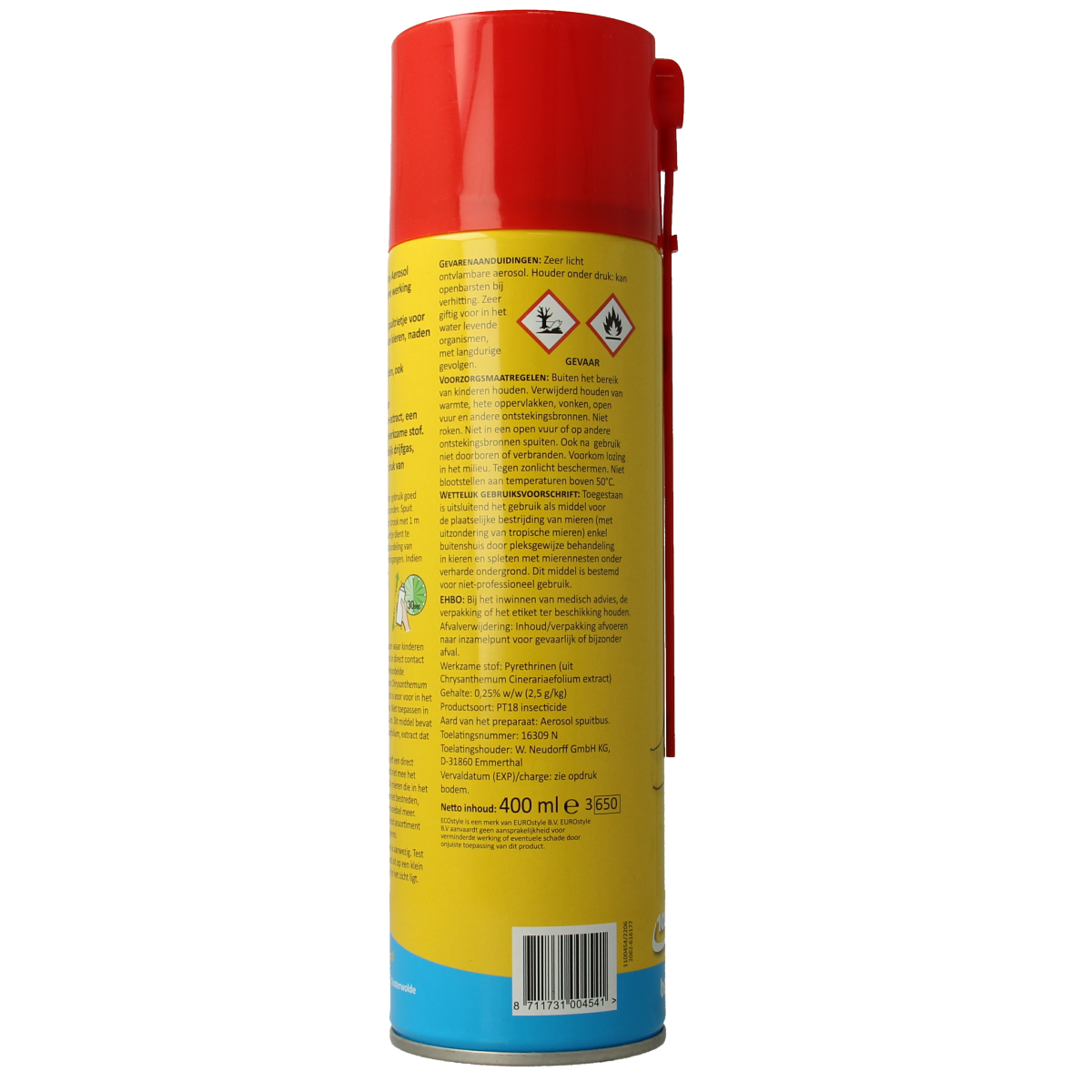 Ecostyle Mierenspray in 400ml bottle, a pesticide for pest control, with a white spray container and label details.