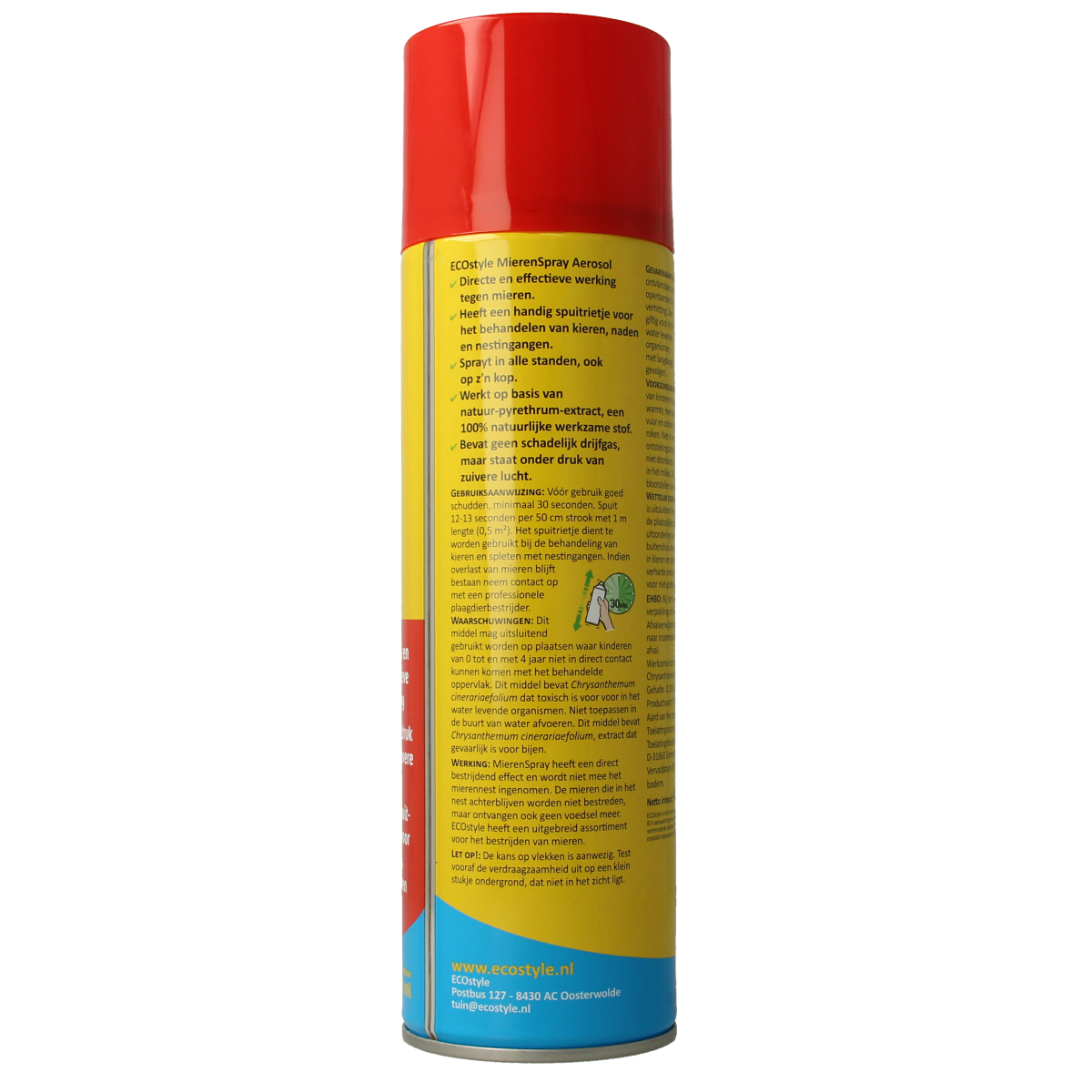 Ecostyle Mierenspray pesticide bottle, 400ml, with spray nozzle and label, used for pest control treatment.