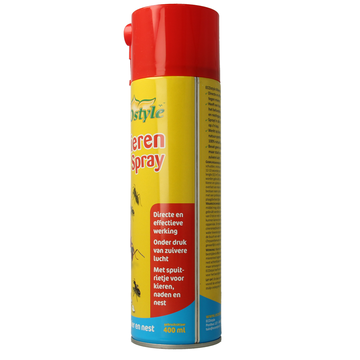 Ecostyle Mierenspray in a 400ml spray bottle, used for pest control against mites and insects.