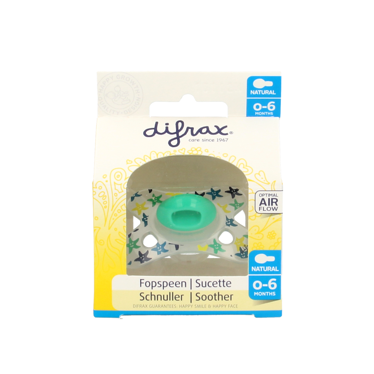 Difrax natural baby pacifier for 0-6 months, assorted colors, shown with the nipple and packaging in a close-up image.