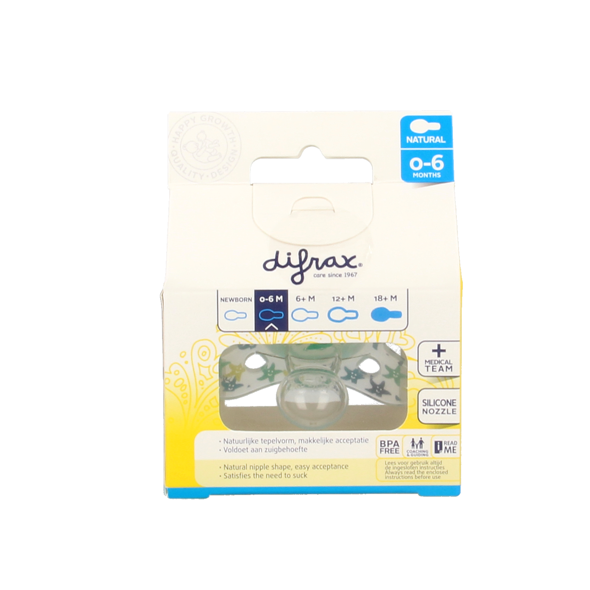 Difrax Fopspeen natural for 0-6 months, soft silicone nipple, assorted colors, designed for soothing infants.