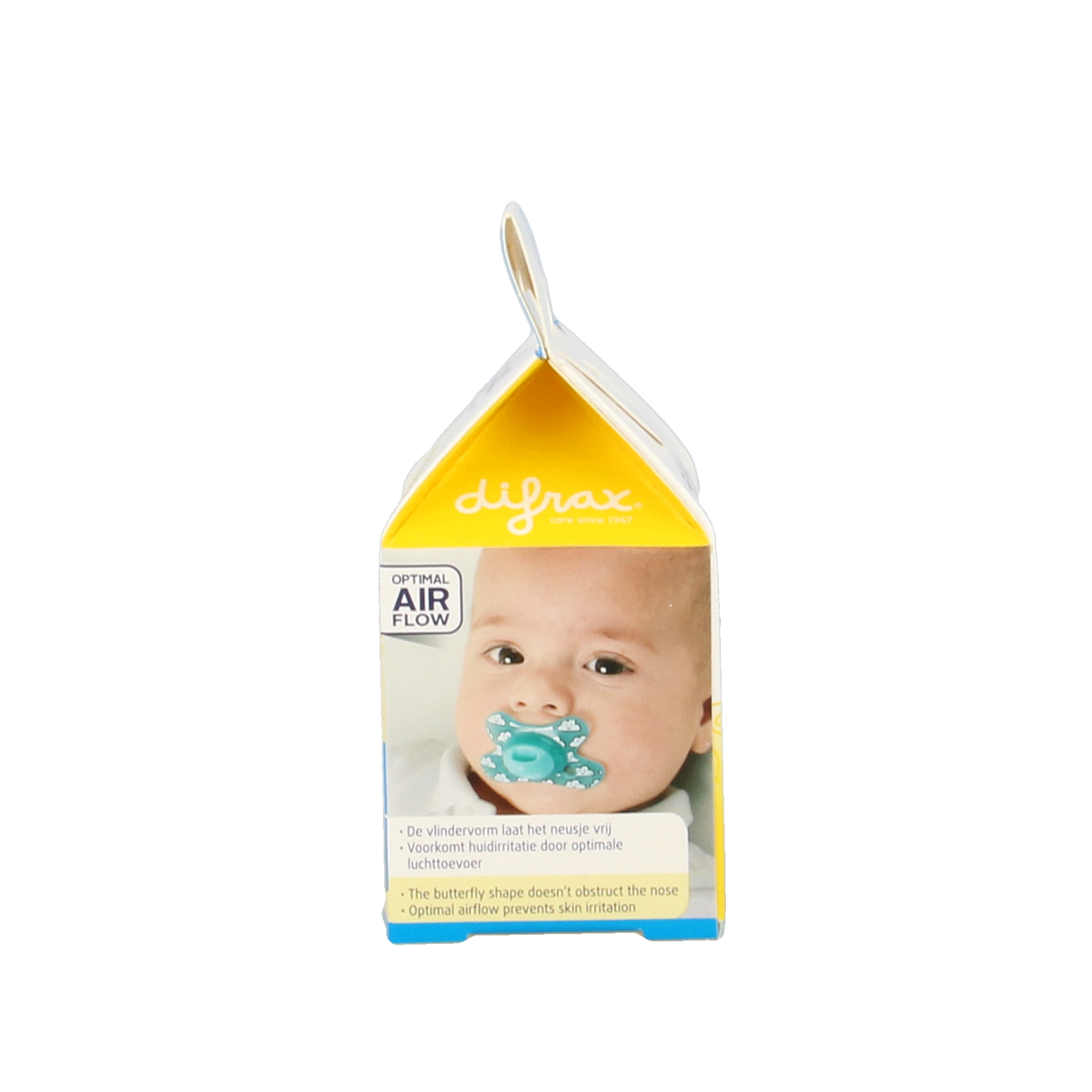 Difrax natural pacifier for babies 0-6 months, assorted colors, shown with soft silicone nipple and ergonomic design.