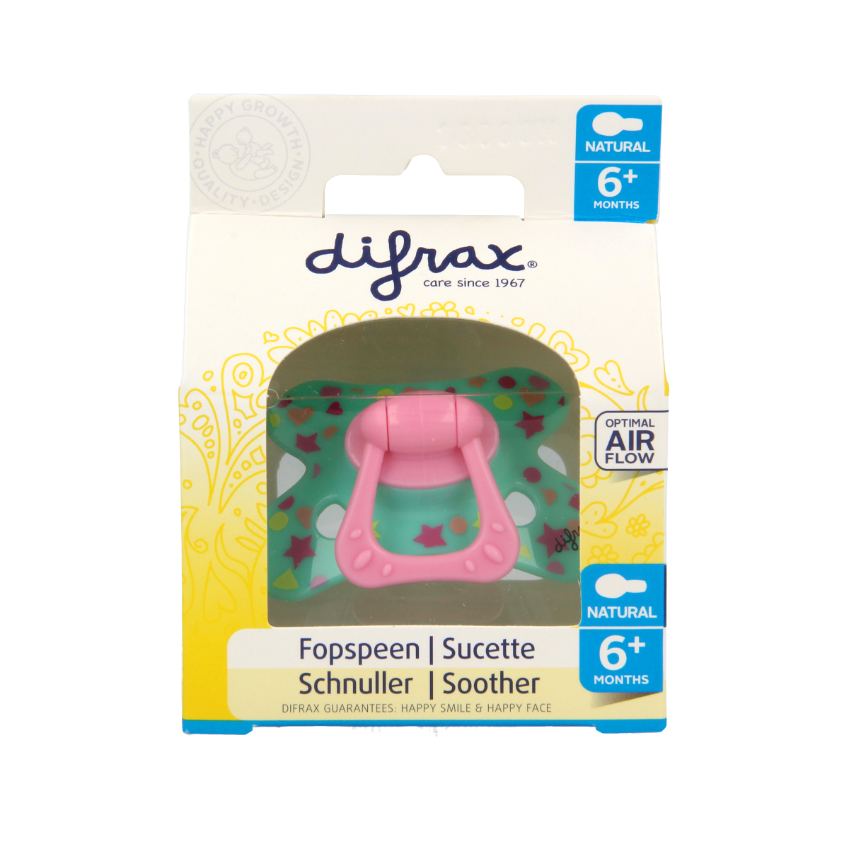 Difrax natural pacifier for 6+ months with ring, soft silicone nipple, in a single pack, suitable for babies over six months.