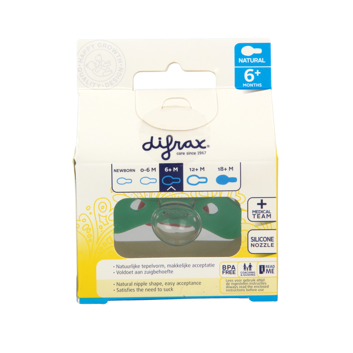 Difrax natural baby pacifier with ring for 6+ months, soft silicone nipple, and ergonomic design for comfort.