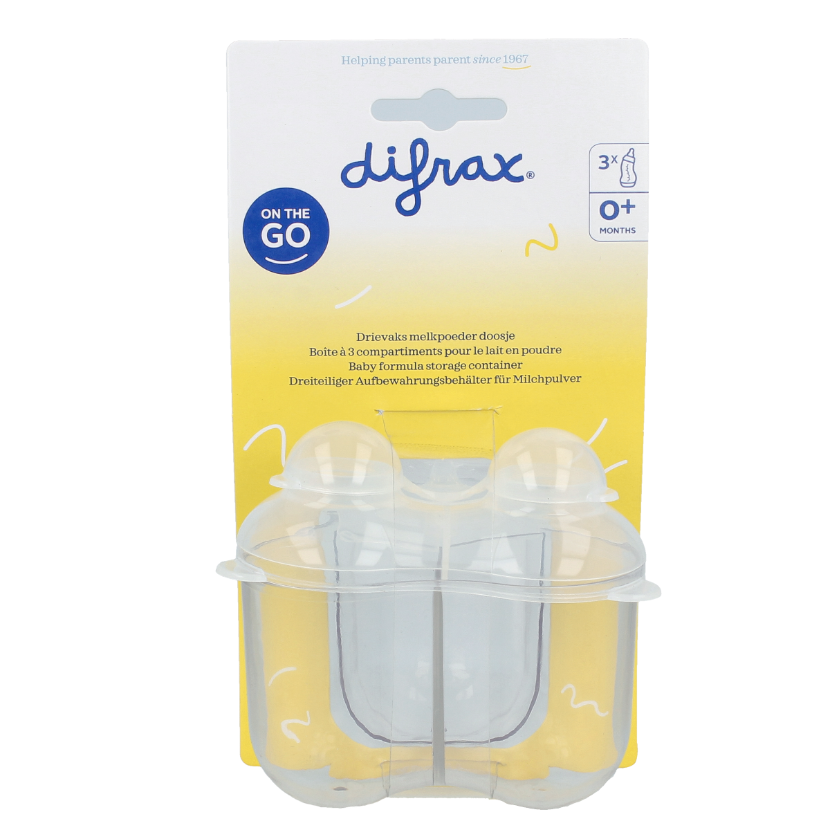 Difrax Drievaksdoosje assorti for storing bottles and teats, featuring colorful, compact plastic container with secure lid.