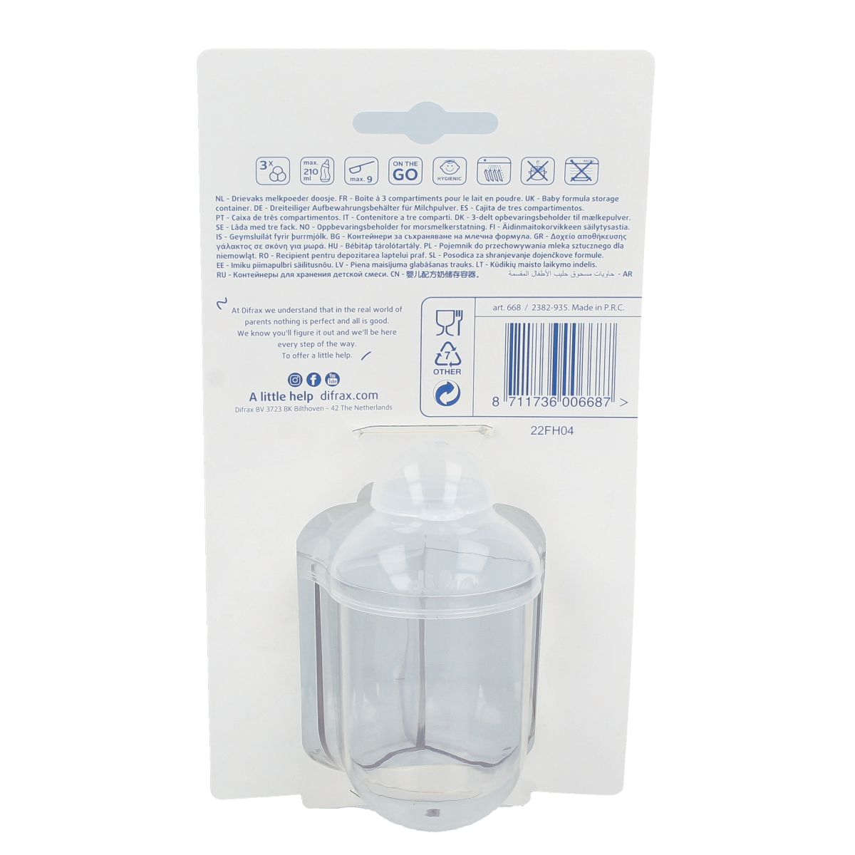 Difrax baby bottle and teat storage box in assorted colors, designed for safe storage of bottles and teats.