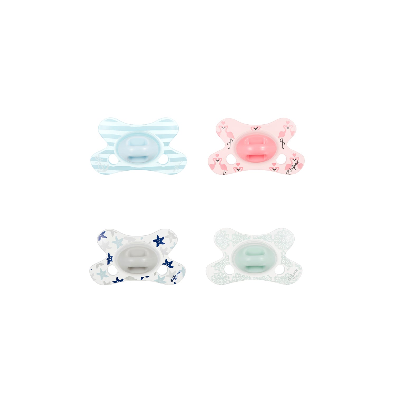 Difrax mini dental pacifier for babies, shown in close-up with soft silicone nipple and ergonomic design.