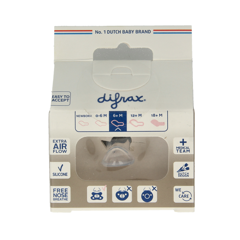 Difrax dental pacifier with ring for babies 6+ months, soft silicone nipple, suitable for soothing and teething comfort.