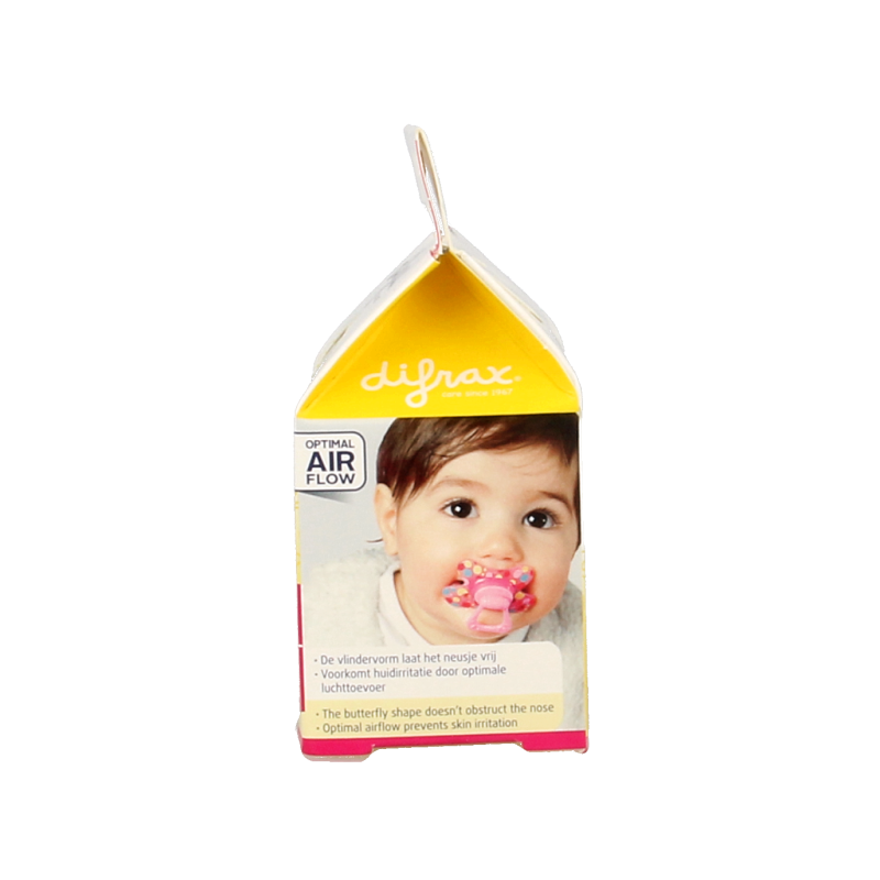 Difrax dental pacifier with ring for babies 6+ months, soft silicone nipple, designed for dental health and comfort.