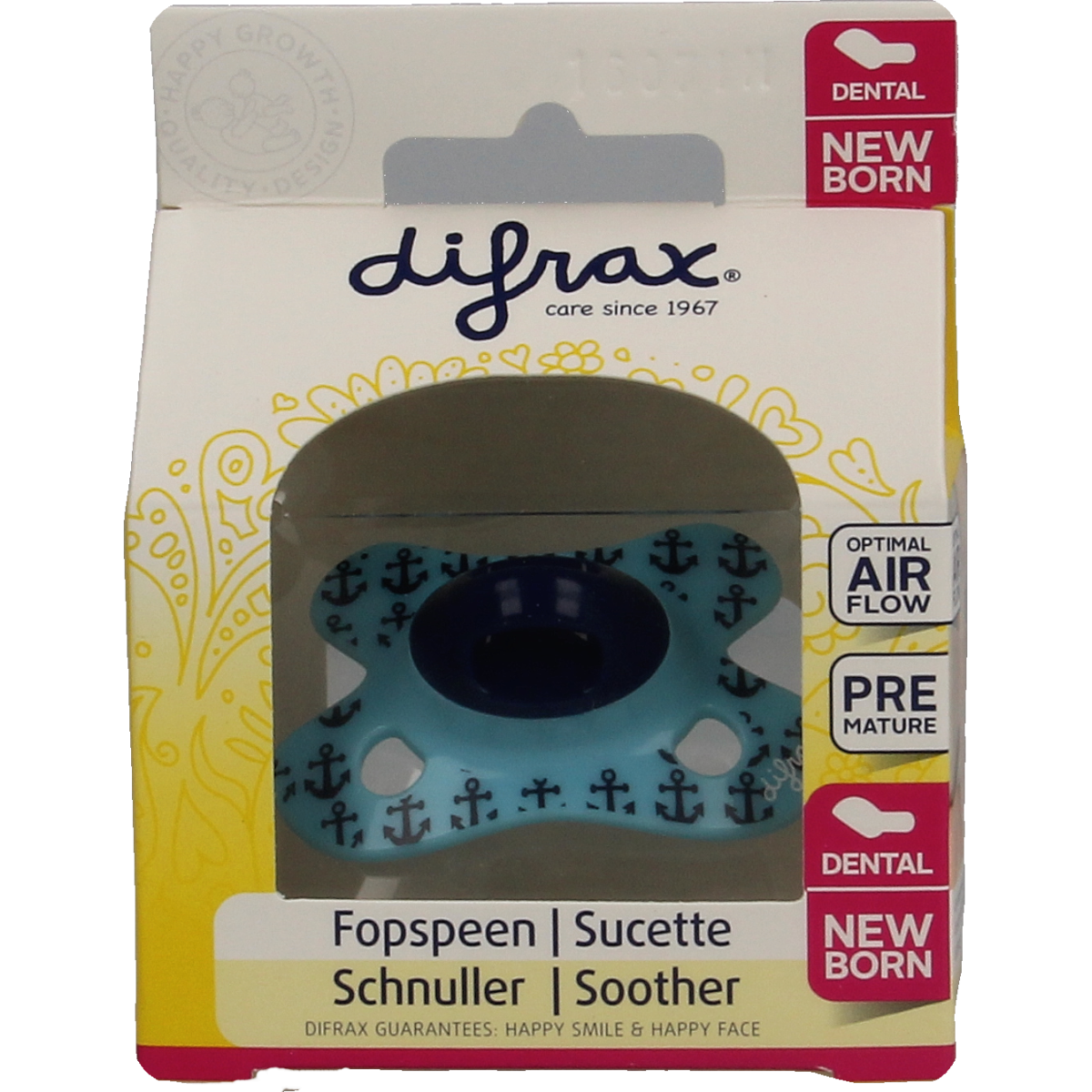 Difrax mini newborn dental pacifier in a single pack, designed for gentle soothing for newborns, part of the baby feeding and pacifier collection.
