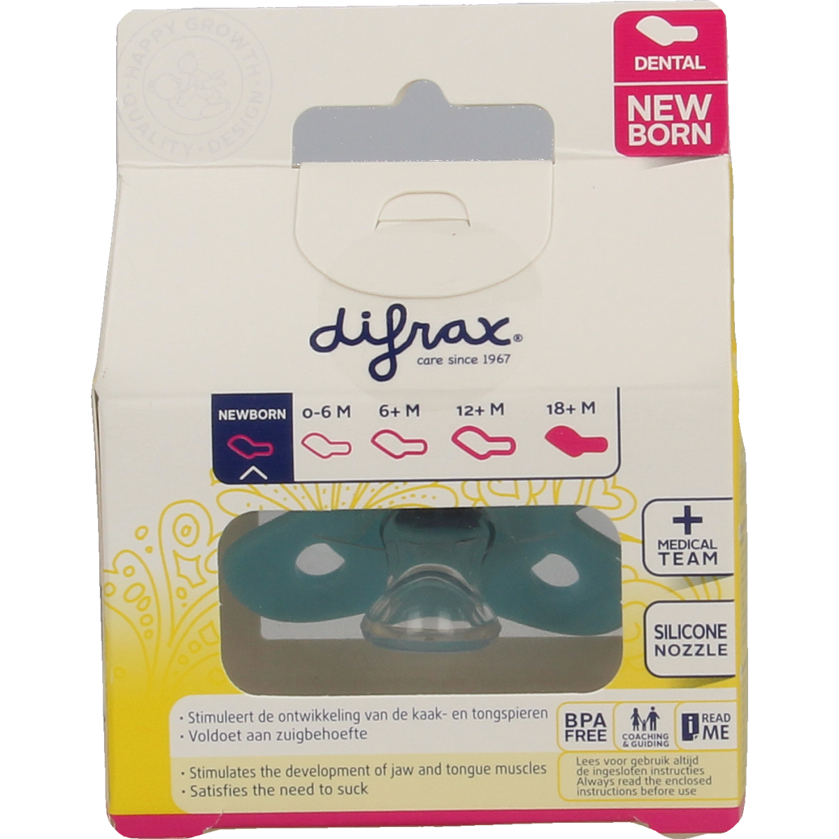 Difrax mini newborn dental pacifier for babies, 1 piece, designed for soothing and oral comfort, in a natural setting.
