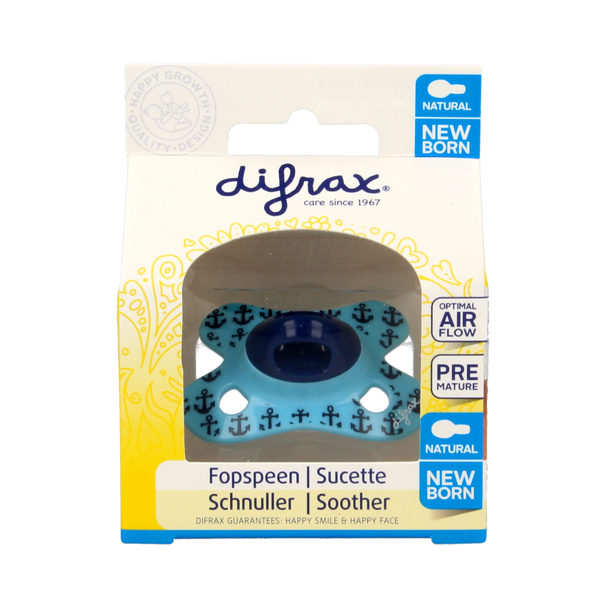 Difrax natural newborn pacifier in packaging, designed for infants, made for comfort and safety.