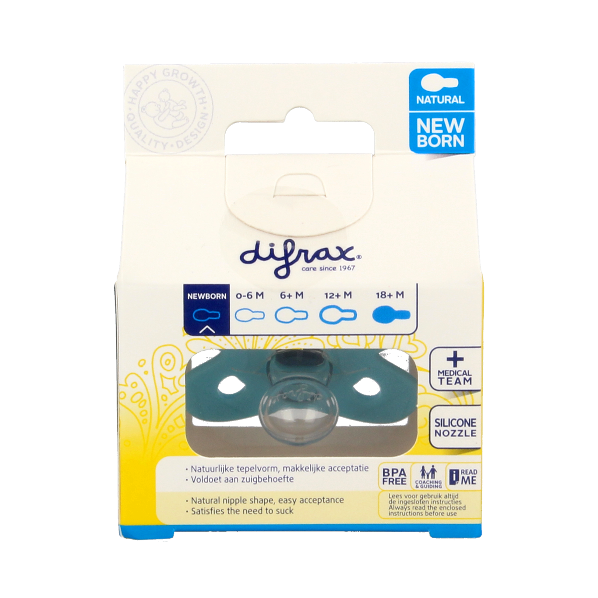 Difrax natural newborn pacifier in packaging, designed for infants, part of the baby feeding and pacifier collection.