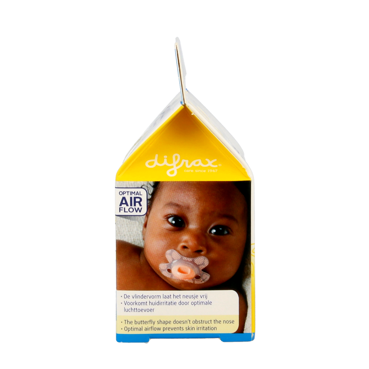 Difrax natural newborn pacifier, soft silicone teat, for infants, in packaging, designed for comfort and safety.