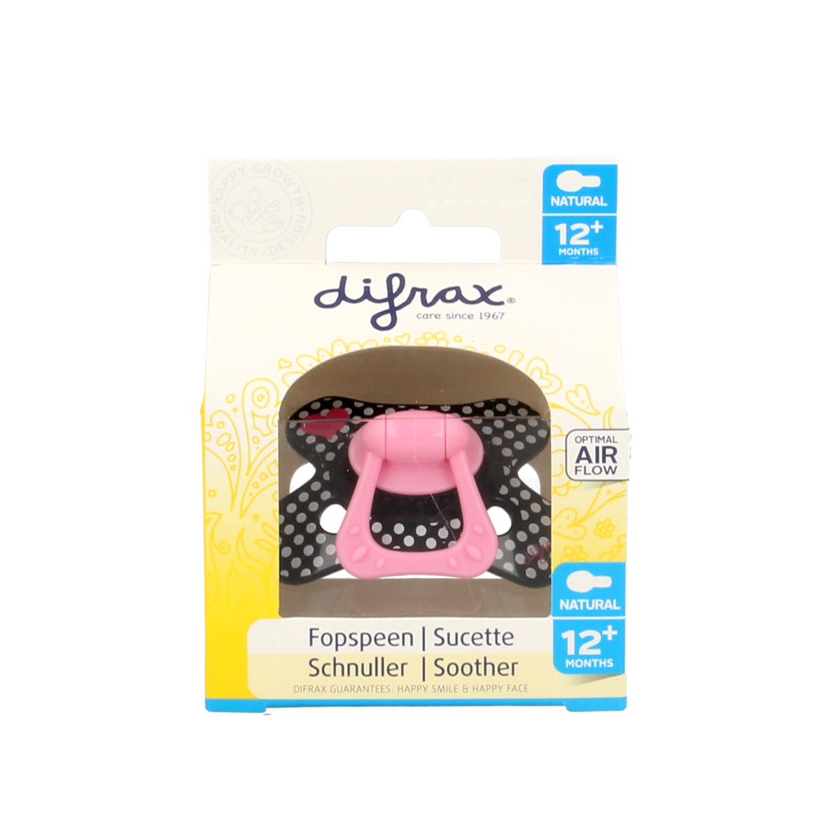 Difrax natural baby pacifier for children 12 months and older, 1 piece, designed for comfort and safety.