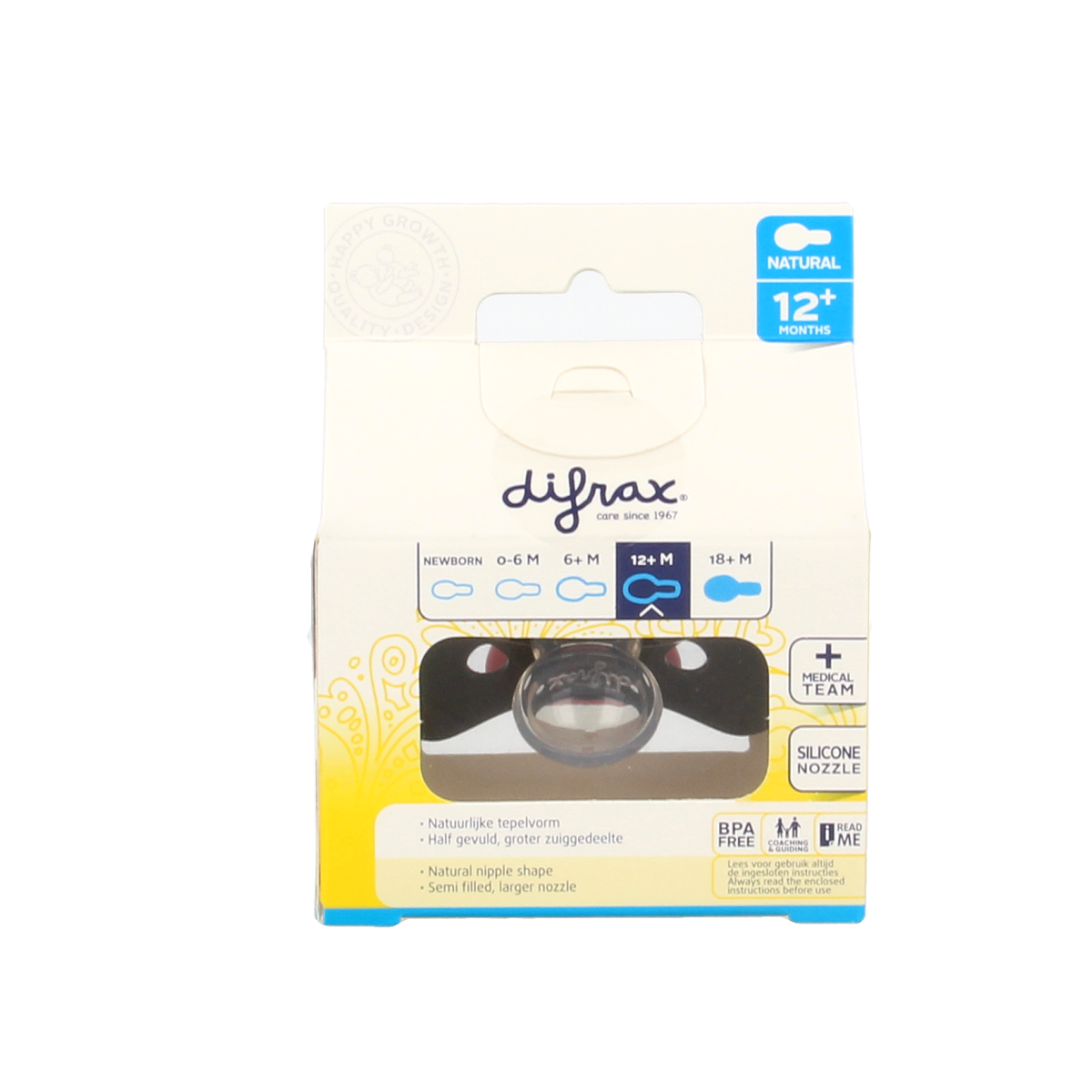 Difrax natural baby pacifier for 12+ months, 1 piece, designed for comfort and safety for older infants.