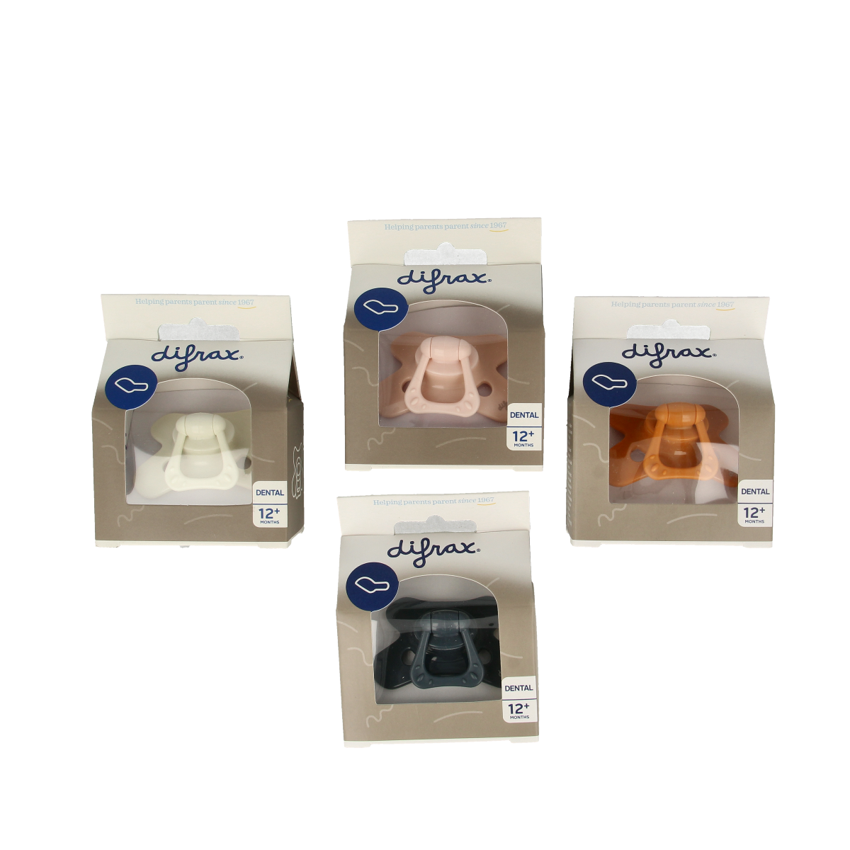 Difrax reinforced dental pacifier for babies 12+ months, assorted, in a single pack, designed to soothe and support dental development.