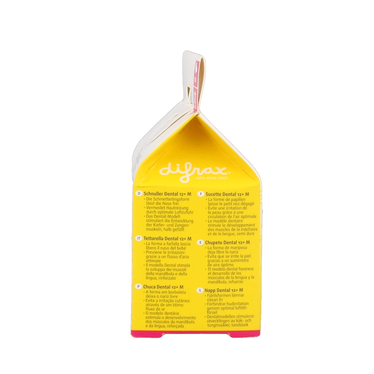 Difrax dental baby pacifier for ages 12+ months, reinforced silicone, assorted colors, suitable for soothing infants.