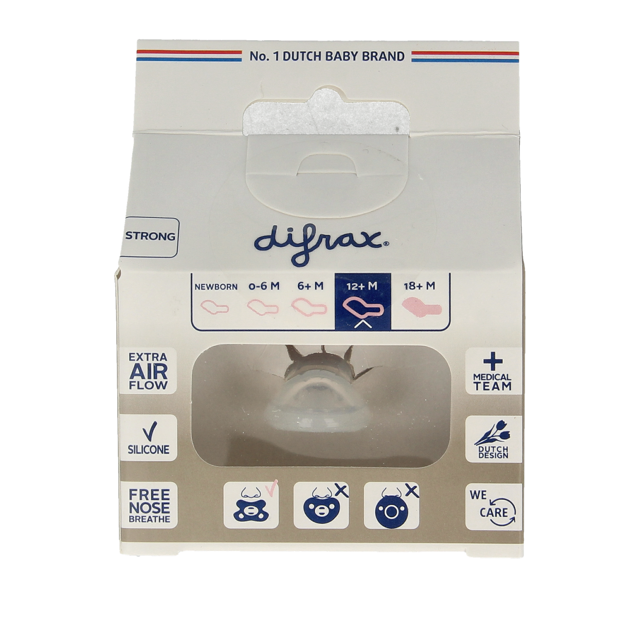 Difrax reinforced dental pacifier for children 12+ months, assorted, designed to promote healthy oral development.