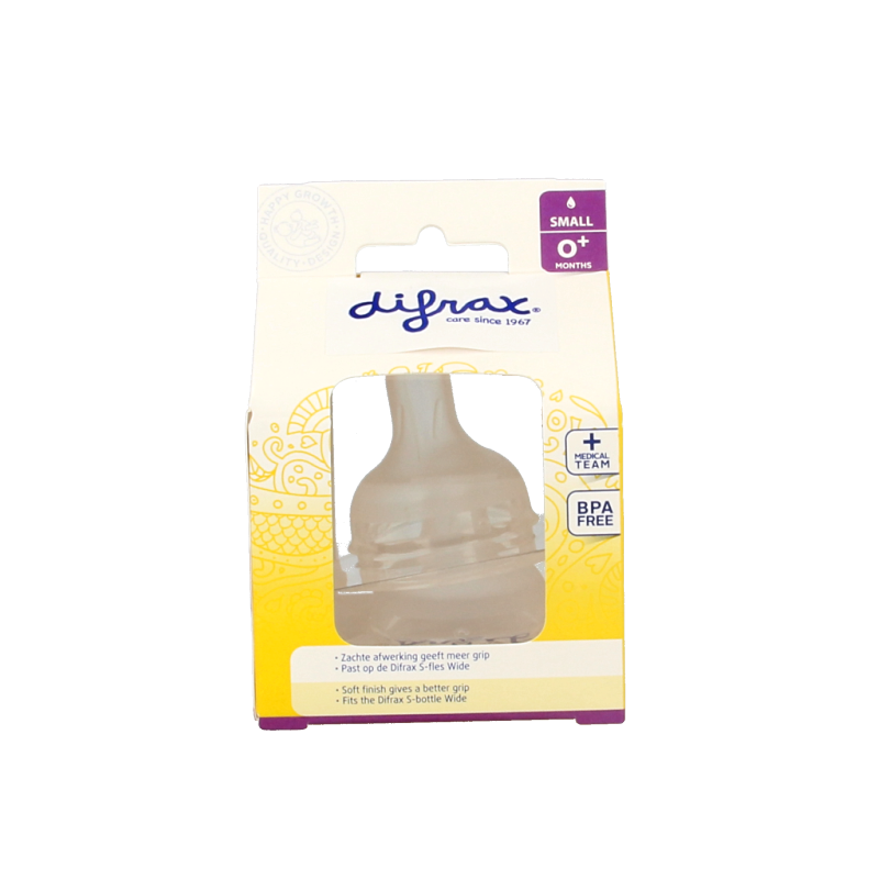 Difrax soft breed small baby bottle nipples with two pieces, designed for gentle feeding, compatible with Difrax bottles.