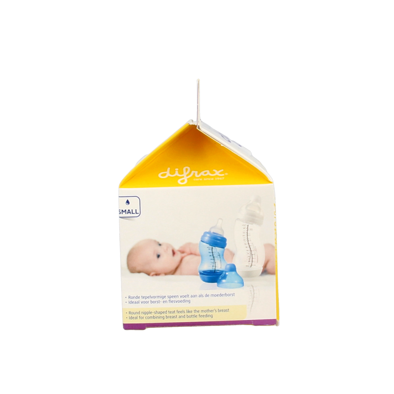 Two Difrax soft breed small baby bottles with nipples, designed for feeding and comfort, shown in the image.