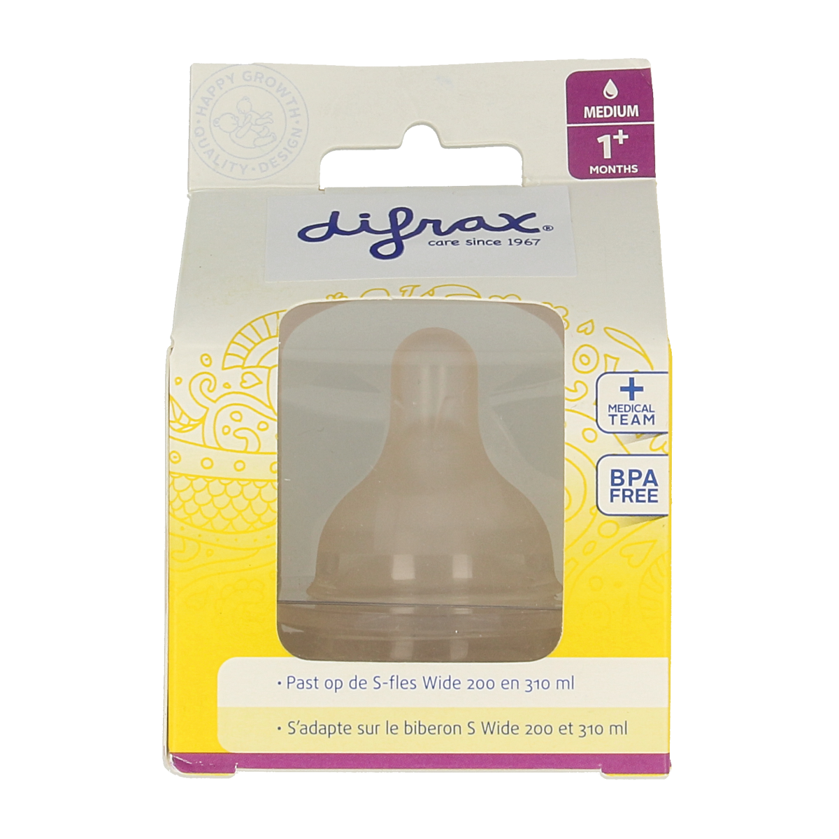 Difrax soft breed medium baby bottle nipples, set of 2, designed for easy feeding and comfort for infants.
