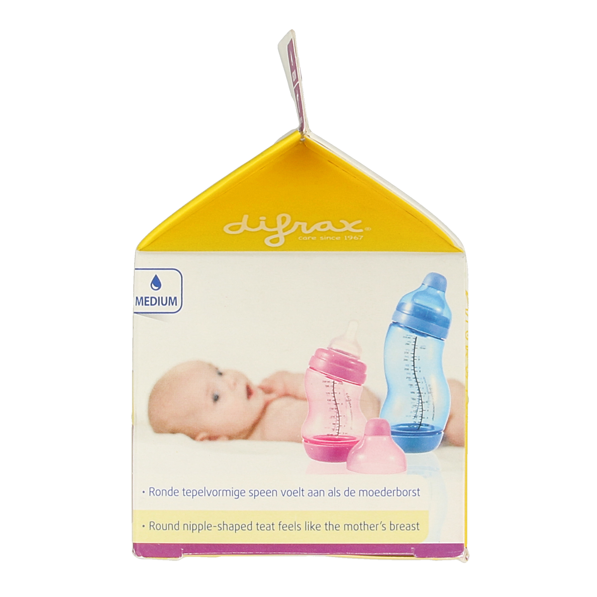 Difrax soft breed medium baby bottles and nipples, set of 2, for gentle feeding, featuring Difrax branding and ergonomic design.