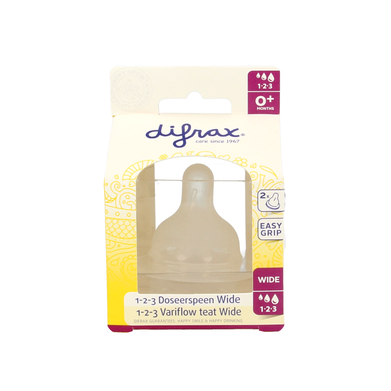 Two Difrax Flessen en Spenen soft breed 1-2-3 baby bottles with silicone nipples, designed for infants.