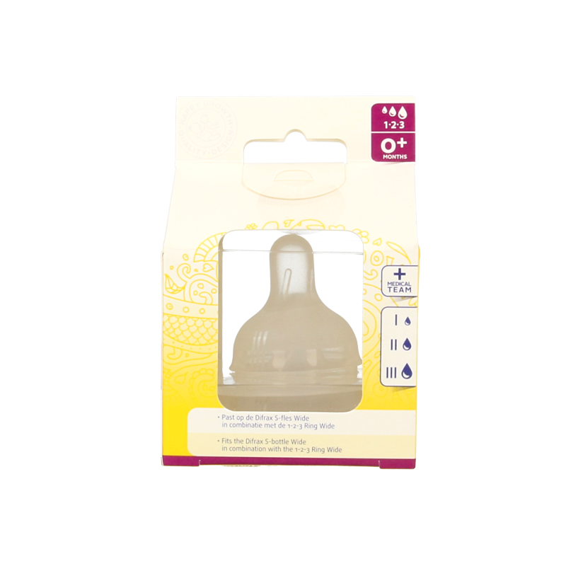 Two Difrax soft breed baby bottles and nipples set, designed for babies aged 1-2-3 months, with natural silicone nipples.