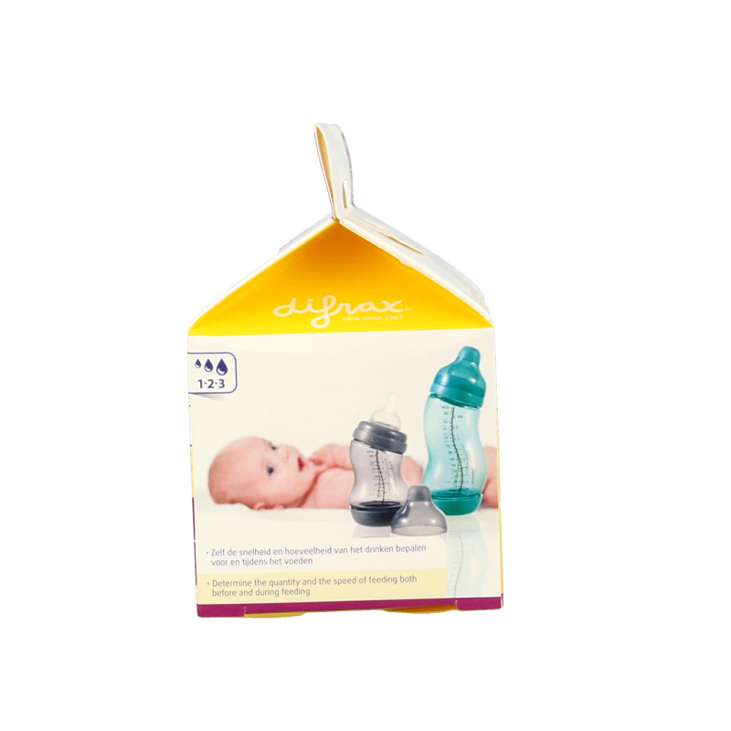 Two Difrax soft breed 1-2-3 baby bottles with silicone nipples, designed for infants, shown in the image.
