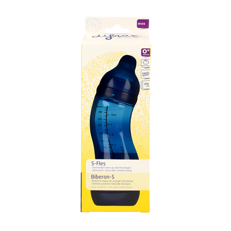 Difrax S-fles breed 310ml baby bottle with colorful cap, made of durable plastic, designed for feeding infants.