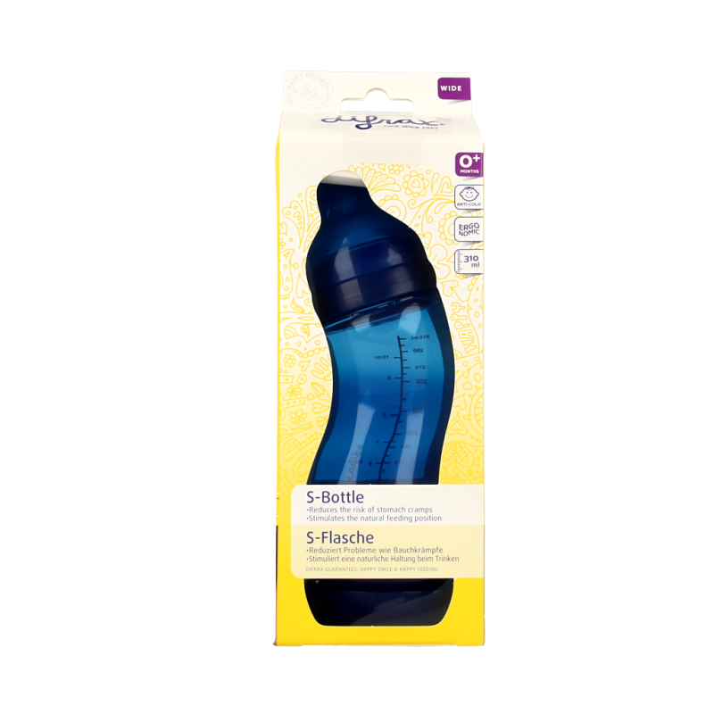 Difrax S-fles breed 310ml baby bottle with colorful silicone nipple and cap, suitable for infants and toddler feeding.