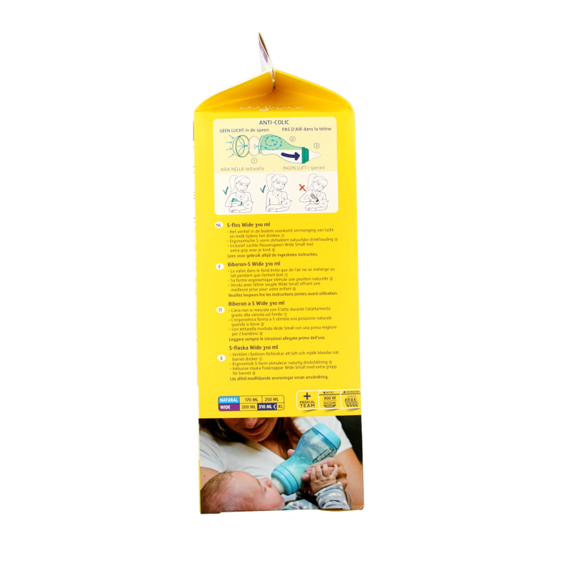 Difrax S-fles breed 310ml baby bottle with colorful silicone sleeve, designed for comfortable feeding and grip.