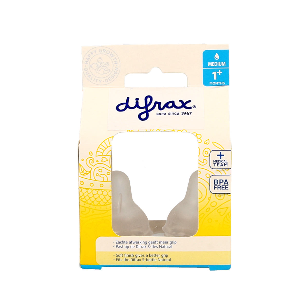 Difrax natural medium baby bottle nipple, 2-pack, for feeding bottles, soft silicone teat suitable for infants